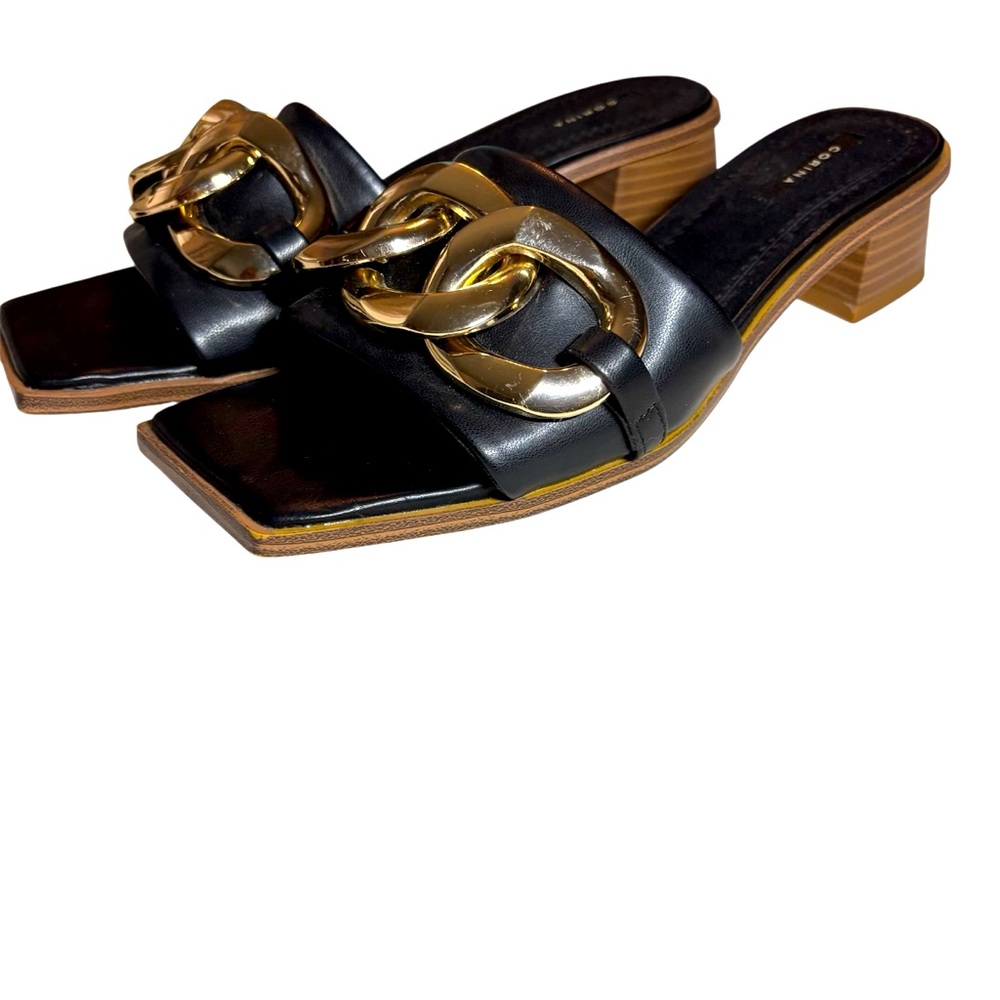 Corina Black Chain Trim Heel Sandals Leather Wide Strap with Metallic